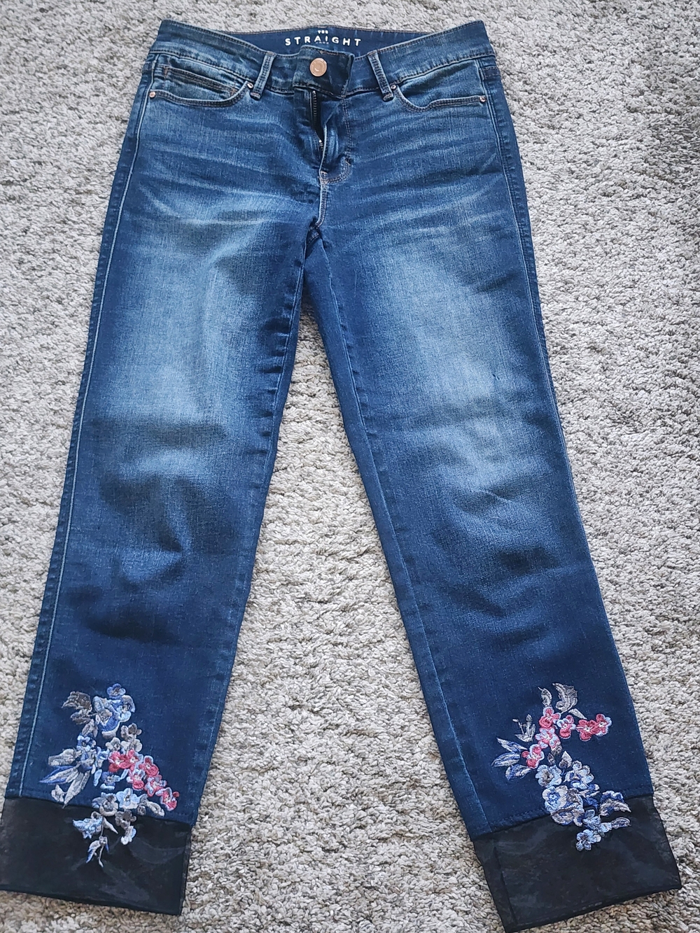 WHBM The Straight Crop Jeans Size 2 Floral Embroidered Mesh Hem